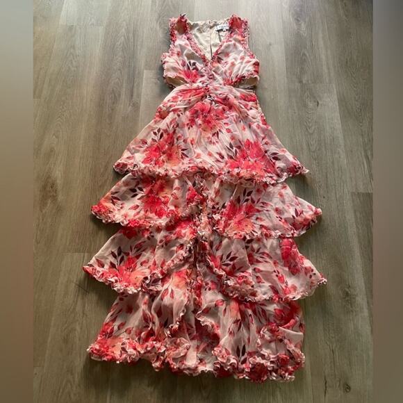 elliatt event pink floral ruffled tiered cutout maxi long gown dress size small - Picture 5 of 8